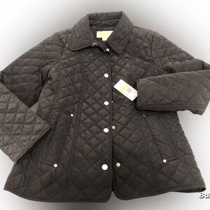 Michael Kors Black Diamond Quilted Jacket Gold snap button pockets Black sz M